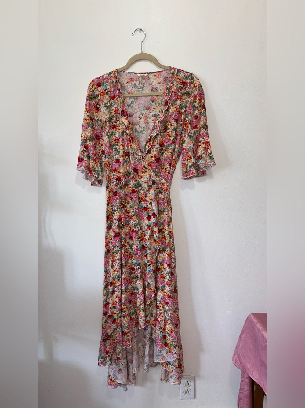 ESQUALO Floral Wrap Maxi Dress in Pink/Red/Green/Yellow/Orange 100% Linen - Picture 2 of 8